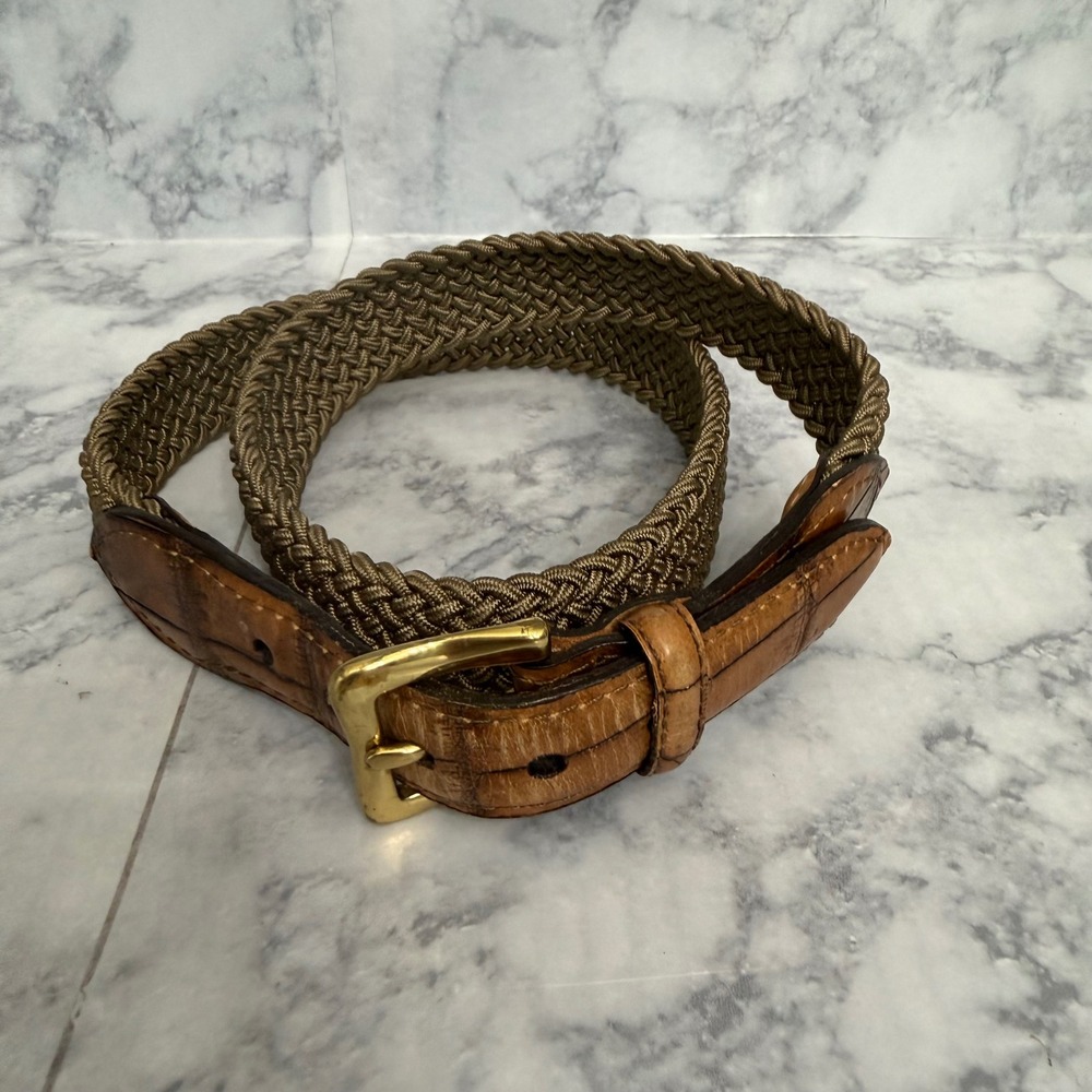 NM Neiman Marcus Braided Belt 34 Olive Green Leather Alligator Emboss 227 USA